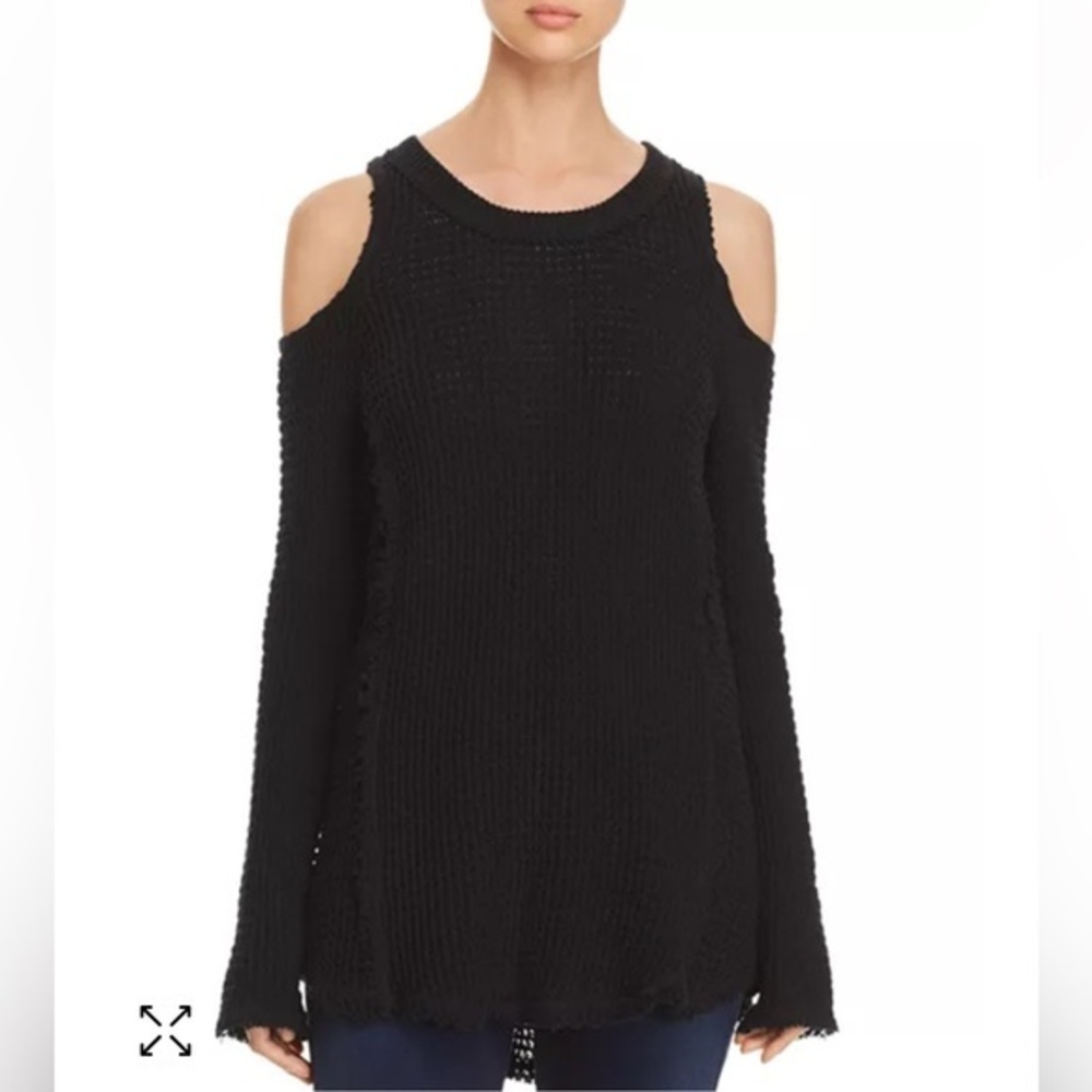 ELAN L black cold shoulder waffle knit tunic with raw hem and funky boho style